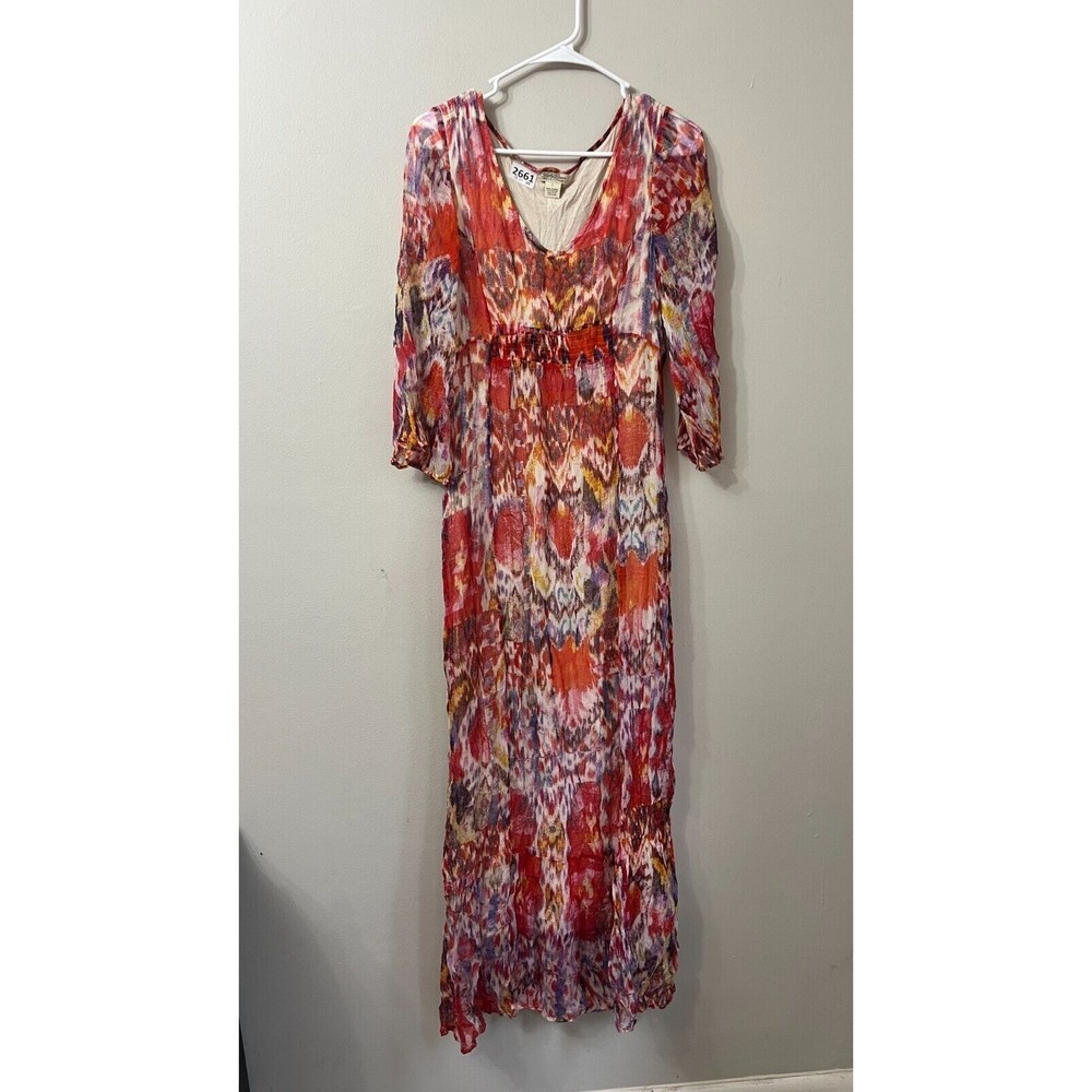 Lucky Brand Womens Colorful Bohemian Maxi Dress Large Flowy Long Sleeve V-Neck - Picture 4 of 8
